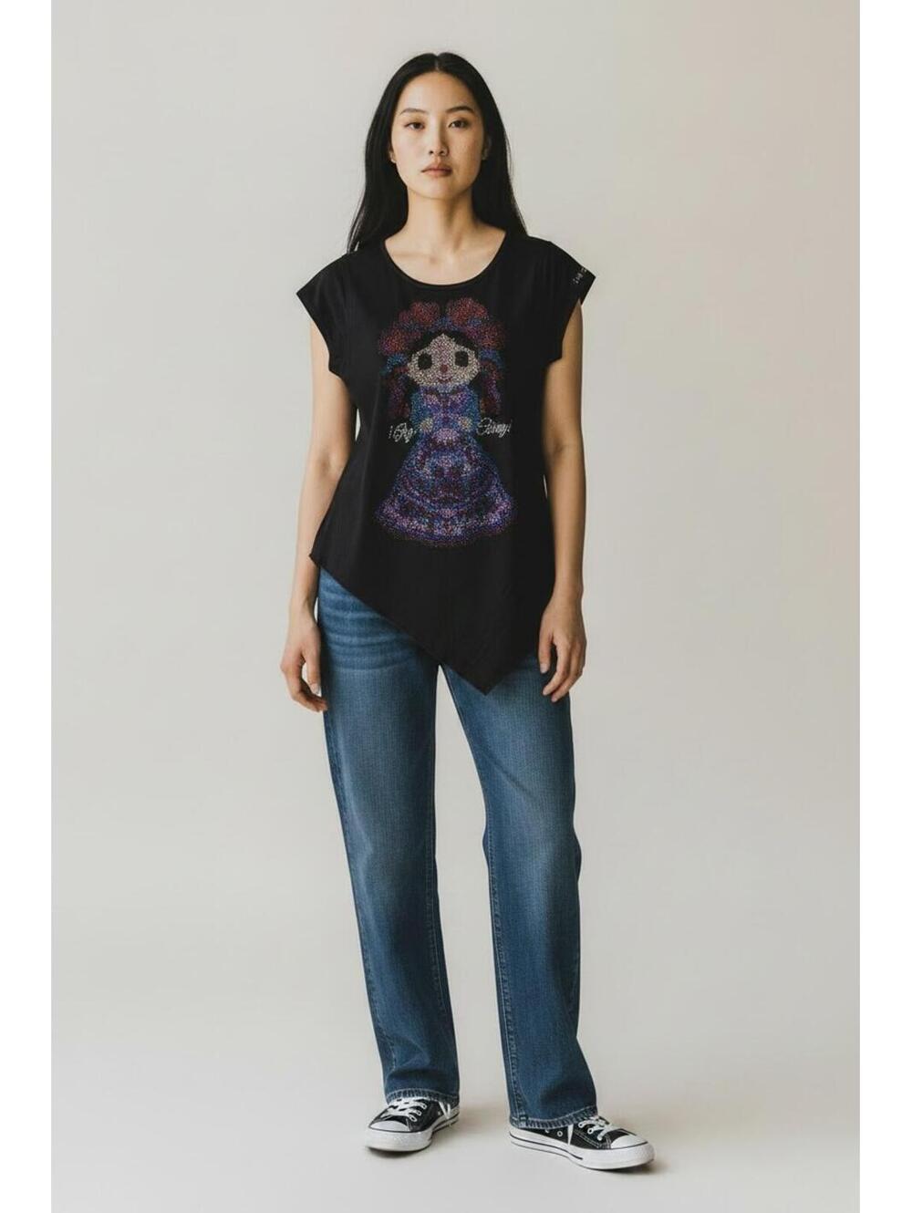 Ay Güey! Mexican Lele Doll Embellished Asymmetric Hem Graphic T-Shirt Black, M